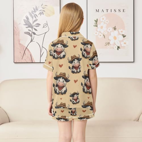 Satin Pajama Sets Short Sleeve Cow with Cowboy Hearts Button Down Silky Nightwear 2 Piece PJS 5Y,4
