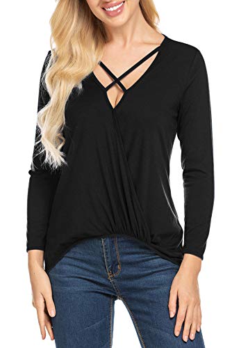 ECOTISH Femmes Hauts T-Shirt Décontracté Criss Cross Sexy Front V-Neck Casual Top Décontracté Chemise Femme Manche Longue Cover