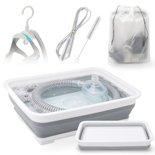 CPAP Cleaning Kit for CPAP Machine Hose and Mask - CPAP Supplies with Collapsible Wash Basin, 7ft Tube Cleaning Brush, Double Tube Holder Hanger & Storage Bag, for ResMed 22mm & 15mm Tubing