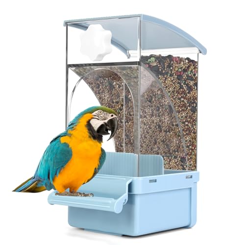Luismia Automatic Bird Feeder with Perch for Cage No Mess Acrylic Transparent Bird Cage Feeder Parrot Seed Feeders Food Container Cage Accessories for Parrot Cockatoo Canary Small Medium Birds