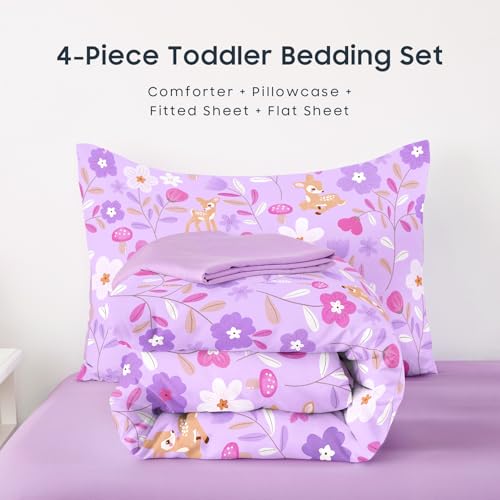 Image of Wake In Cloud - Floral Toddler Bedding Set for Girls, Cute Colorful Botanical Flowers with Deers, 4 Pieces Soft Crib Bed Set Including Comforter, Sheets and Pillowcase, Lavender
