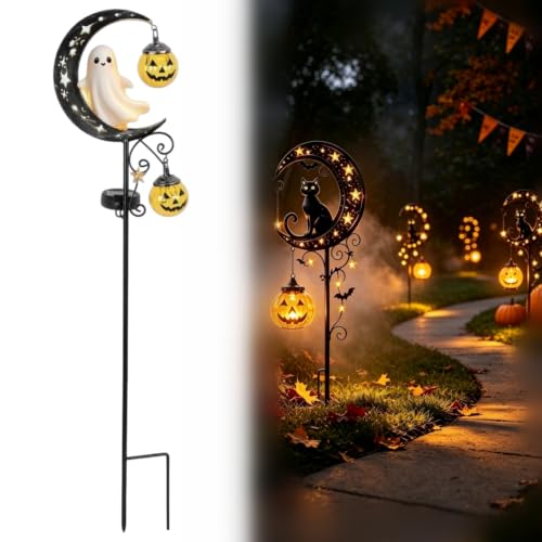 Solar Halloween Black Cat & Pumpkin Moon Garden Stake Light, Metal Crescent Moon & Pumpkin Lantern, Outdoor Waterproof LED Yard Decoration with Crescent Moon, for Patio Lawn Path Yard (D #) - image 1