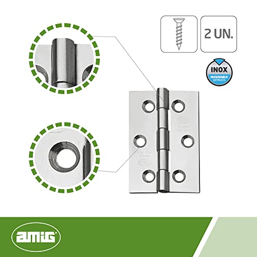 Amig | Packung mit 2 festen Scharnieren ohne Nickel | 60 x 40 mm | Modell 2002 | Edelstahl 18/8 | Quadratische Kanten | einfache Installation und Verwendung | Große Befestigung für Ihre Möbel | DIY