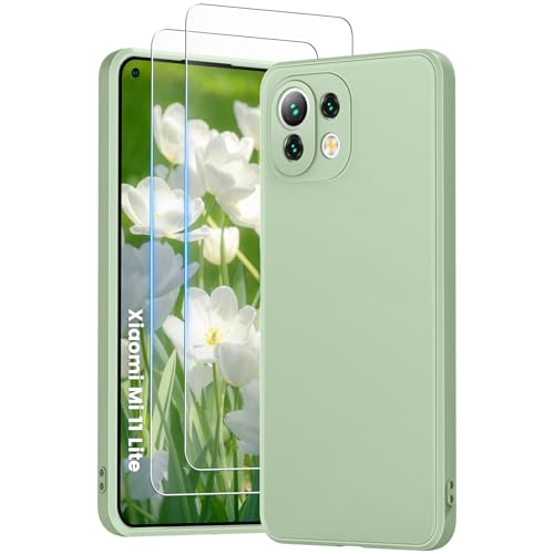 PuyaTeya 3 in 1 Hülle für Xiaomi Mi 11 Lite mit 2 Stück 9H Panzerglas Premium Liquid Silikon Hülle mit 4-Layer stoßfeste abriebfestes Soft Mikrofaserfutter Kratzfes Schutzhülle (hellgrün)