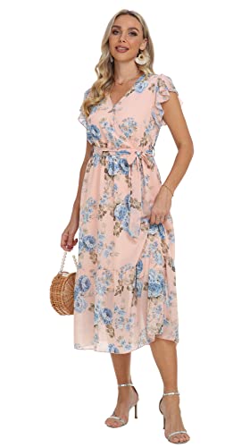 Image of VintageClothing Womens Sundress Casual Floral Summer Boho Dress | Flowy Wrap V Neck Ruffle A-Line Pleated Hem Midi Dresses