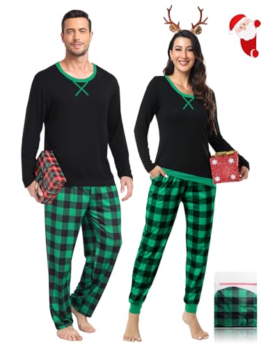 Men & Women Pajama Sets for Couples Long Sleeve Sleepwear Plaid Pants with Pockets Xmas Pjs Black&Green Plaid S