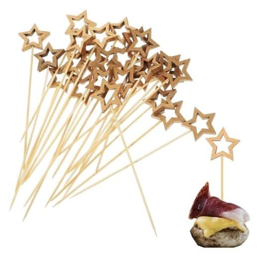 Ericetion Pique-Cocktail en Forme d'étoile 50pcs Piques en Bambou en Forme d'étoile dorée, Cure-Dents de Noël pour apéritif Barbecue Arbres à Boire, Piques à Martini de 5,5 Pouces