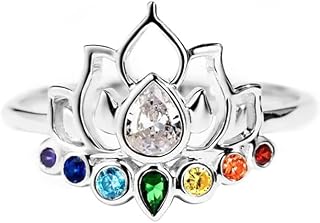 KIFUTENG 925 Sterling Silver Ring, Lotus Flower Yoga High Polish Tarnish Resistant Comfort Fit Wedding Band Ring Healing Rainbow Crystals Jewelry Christmas Valentines Day Gifts for Mom Daughter Yoga Lover Size 5#-10#