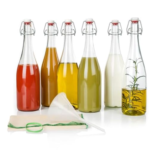 myFERMENTS Bouteilles en Verre avec Bouchons - Kit de Fermentation 6 Bouteilles 750ml à Bouchon Mécanique, Entonnoir 10cm, Tissu 50x50cm - Verre Épais, Joint en Porcelaine - Bière, Kombucha, Kefir