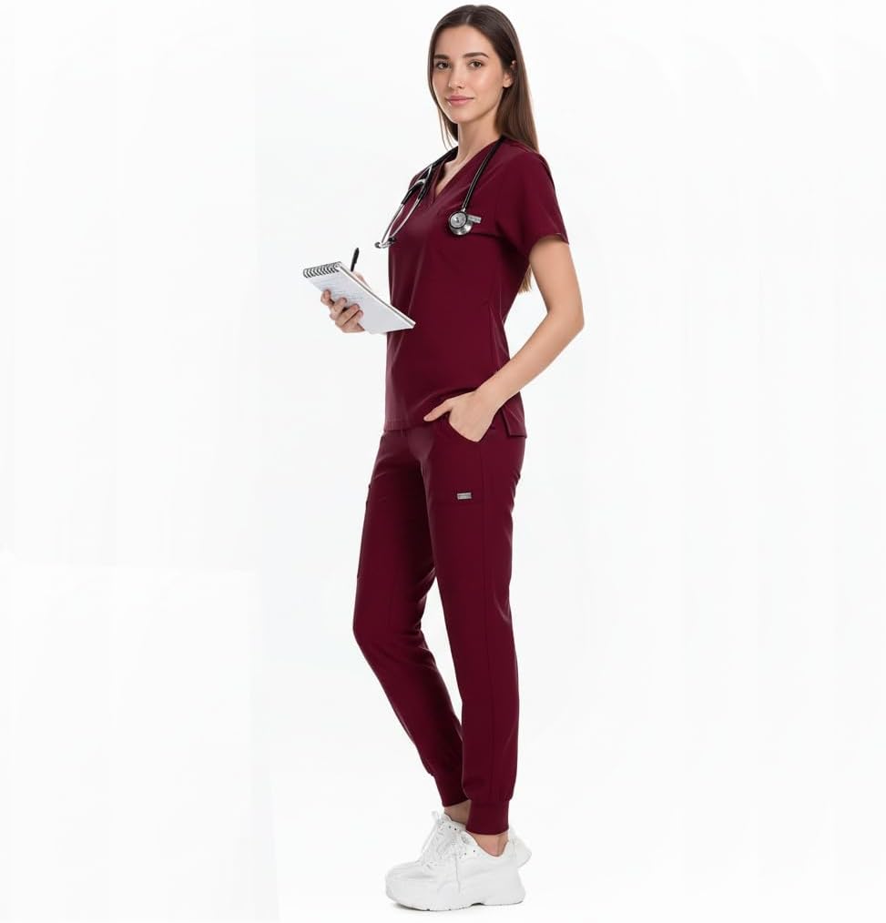 Meichoon Scrub Suit Set Solid Color Short Sleeve V Neck Top 1 Pocket Jogger Pants Adjustable Waist Medical Uniform DK87