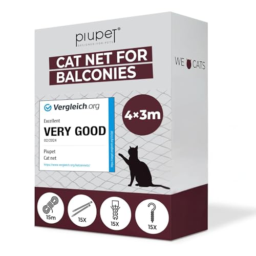 PiuPet® Cat Net Transparent I 4x3m I Including Fastening Set I Netting for Balcony and Window I Balcony Netting for Cats | Ideal for Catio Cat Outdoor Enclosures and Cat Window Guard
