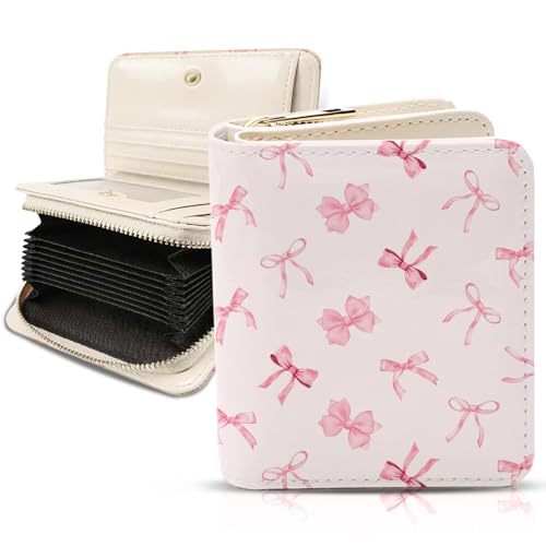 Image of Pink Bow Wallet for Women, PU Leather Accordion Wallet, Zipper Coin Purse | Women's Cute Pink Bow Accordion Wallet, Credit Card Holder with 1 ID Window 14 Card Slots, Gift for Wife Daughter Ladies