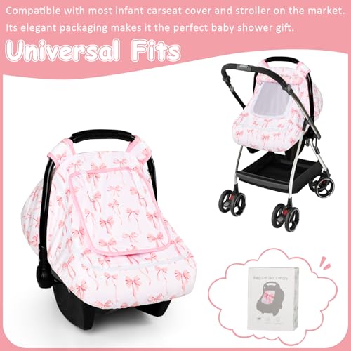 Image of Baby Car Seat Cover with Mesh Window, Windproof Carseat Cover for Infant Girls, Infant Carseat Canopy with with Dual Zipper, Compatible with Most Baby Car Seat, Pink Bow