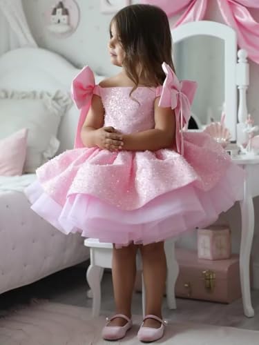 Custom Flower Girl Dress Sequin Tulle Puffy with Bow Short Sleeve for Wedding Party Birthday Banquet Prom Holy Communion Gown3
