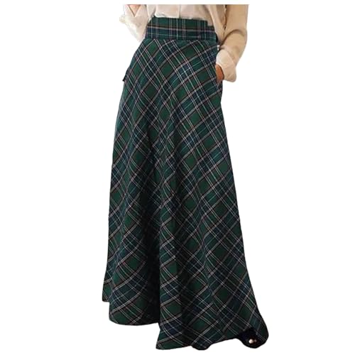 Damen High Waist Maxirock Taschen Langer A-Linie Rock Winter Midi Lang Röck Faltenrock Elegant Frauen Skirt Plaid Warm Maxi Winterrock Karierter...