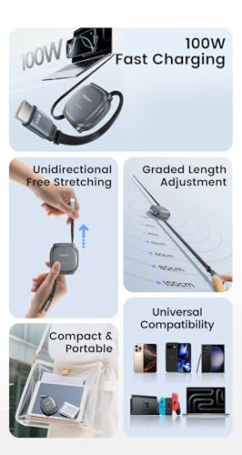 Image of INICIO 100W USB C Cable Retractable 1m, With 4 Preset Length Portable Type C PD 3.0 Fast Charging For MacBook Pro Air iPad Pro Galaxy S26 S25 Ultra iPhone 17 16 15 Pixel 8 7 Android iOS USB-C Devices