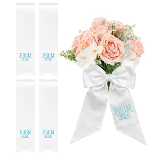 Frienda 4 Pcs Prom Bouquet Ribbon Bow Bouquet Sash Graduation Prom 2026 Ribbon 3 x 25 Inch Silk Bow for Flower Wrap DIY Crafts Congrats Grad Party Decor Senior Night Decorations (Blue)