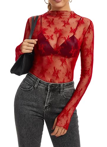 VELISDE Women's Long Sleeve Lace Tops Mesh Tops Sheer Layering Top Sexy Mock Neck Floral See Through Shirt Blouse(Red-M)