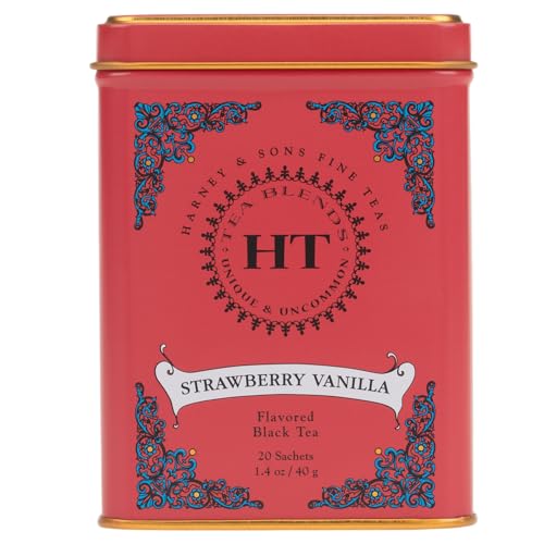 Image of Harney & Sons HT Strawberry Vanilla Black Tea, 20 Sachets in Tin | Black tea with strawberry and vanilla flavors for a smooth, fruity cup. Contains caffeine.