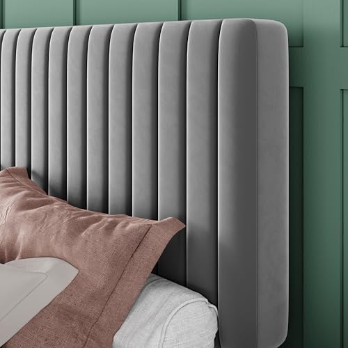 image for Allewie Queen Bed Frame, Velvet Upholstered Platform Bed with Adjustab