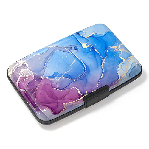 Image of Credit Card Holder, Mini Aluminum Card Wallet RFID Blocking Slim Metal Hard Card Case for Women Men, Blue Purple Marble