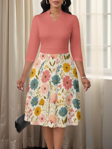 Image of PinkPatty Women's Casual A-line Midi Dresses 3 /4 Sleeve V Neck Fit and Flare Dress with Pockets