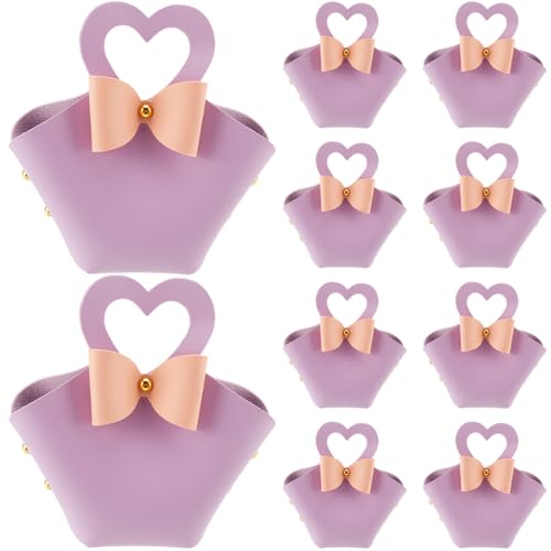 CALFOVERA 10 Lot de Boîtes à Dragées en Cuir PU Violet avec Nœud Mini Sacs à Main en Cuir pour Emballage Cadeau Sacs à Bonbons Réutilisables avec...