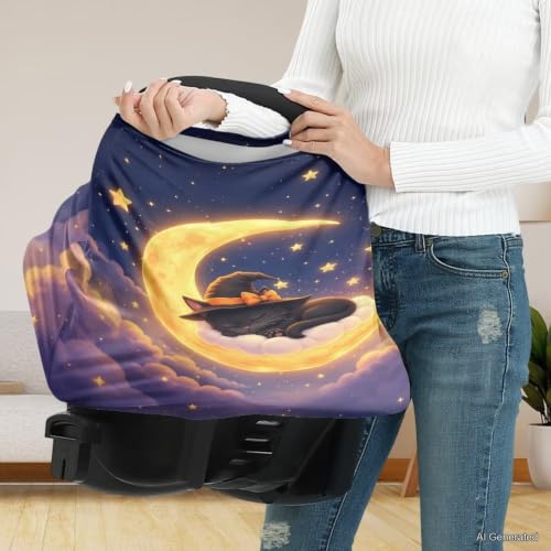 Image of Wanyint Baby Car Seat Cover Nursing Scarf Car Seat Canopy Shopping Cart High Chair Cover Protect Babies and Breastfeeding Mothers Halloween Decoration, Black Cat Witch Moon Star