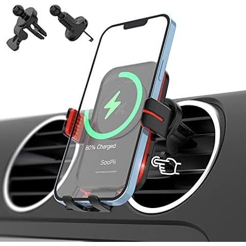 SooPii Wireless Car Charger Mount, 15W Qi Fast Charging, Auto-Clamping,2 styles Air Vent Phone Holder Included, Compatible with lPhone 13/12/11,Samsung S21/S20,and other Qi-Enabled Mobile Phones(Red) Cover