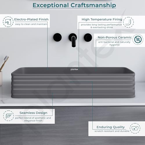 Image of Plantex Ceramic Tabletop Washbasin for Bathroom /Countertop Bathroom Basin /Rectangle Tabletop Wash Basin for Restaurant /Hotel (26x15x5 inches - Cloud Grey)