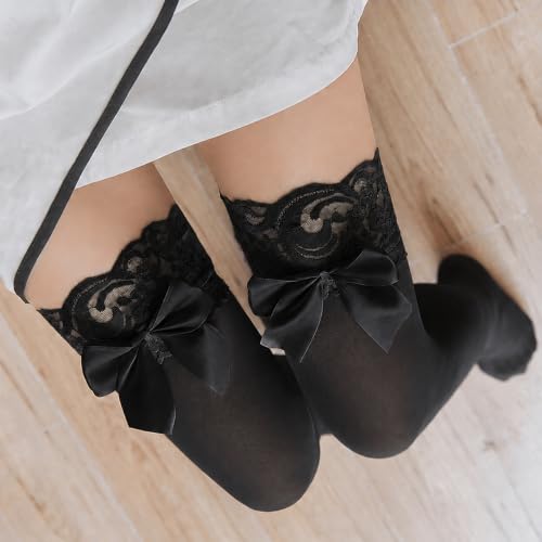 Image of Pink Thigh High Stockings with Satin Bow Pink Over Knee High Socks with Bow for Women Halloween Cosplay Costumes