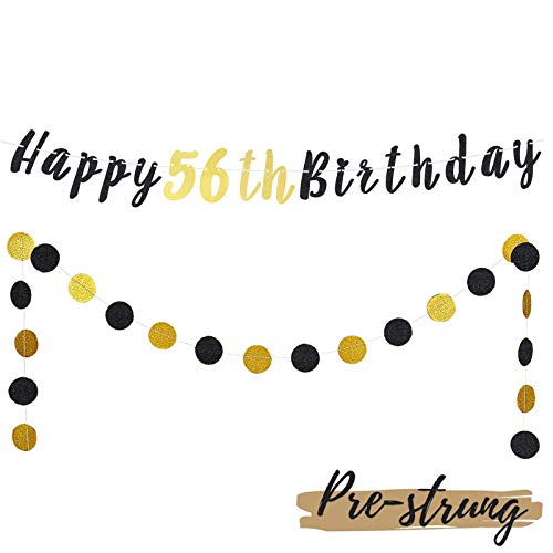 LASKYER Happy 56th Birthday Decoration Set - 56th Bday Banner with Black & Gold Glitter Circle Dots Cheers to 56 Years Old Birthday Party Decorations.[Pre - Strung]