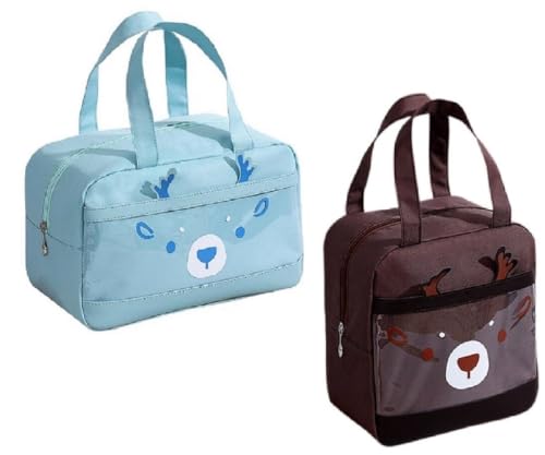 Image of CoolKraft Lunch Bag for School Kids, Girls, Cute Animal Design Bag, Lunch Bag for Office Women Travel Picnic Bag, Insulated Portable Tiffin Bag 29 x 18.5 x 14 cm (L Blue + Brown)