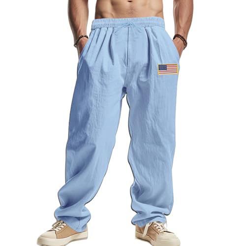 Mens Linen Pants Wide Leg Elastic Waist Casual Hippie Vintage Loose Fit Trousers Yoga Outdoor Sweatpants with Pockets