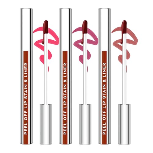 JUNECODE 3Pcs Lip Stain Peel Off Set, Peel Off lip Liner Stain Long Lasting Waterproof, Matte Lip Tattoo Tint Transfer Proof, Highly Pigmented Color Lip Makeup(#01+02+03)