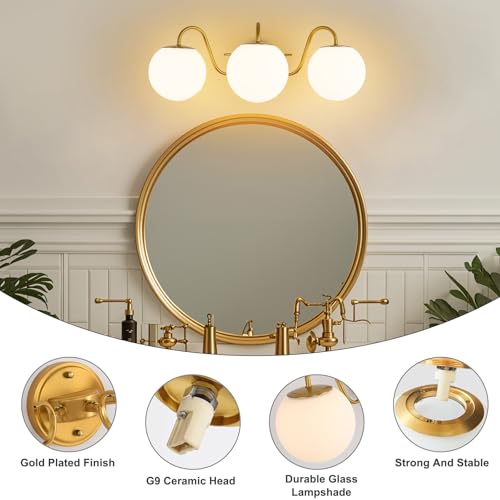 Image of Vintage Brushed Gold Bathroom Vanity Light Fixtures Over Mirror 3 Lights