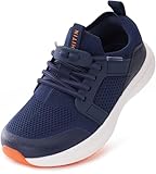 WHITIN Boy Girls Zero Drop Tennis Shoes Little Big Kids Wide Toe Box Road Running Sneaker Size 1 Lightweight Mesh Width Walking Footwear Dark Blue 32