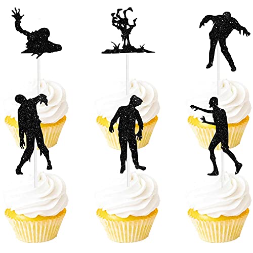 Black Glitter Halloween Zombie Dessert Cupcake Topper Fantasy Hor...