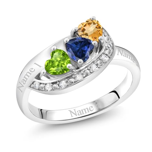 Gem Stone King 925 Sterling Silver Customized and Personalized Engagement Promise Name Engraved 3 Heart Shape 4MM Gemstone Birthstone Ring For Her Women