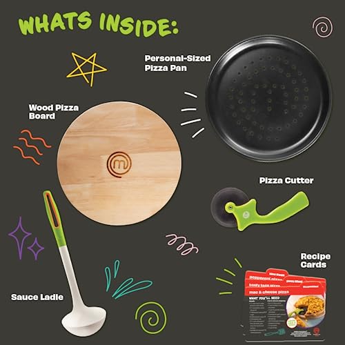 MasterChef Junior Pizza Cooking Set - 5 Pc Kit Includes Real Cookware for Kids w Recipes, Board, Roller - Make Homemade Pizza, Birthday Holiday Gifts