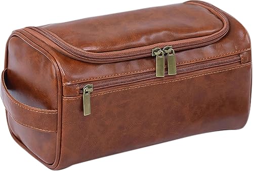 PU Leather Toiletry Bag for Men Dark Brown Wash Bag for Travel Gym & Shaving Dry & Wet Separation with 3 Compartments - Perfect Mens Washbag (Brown)