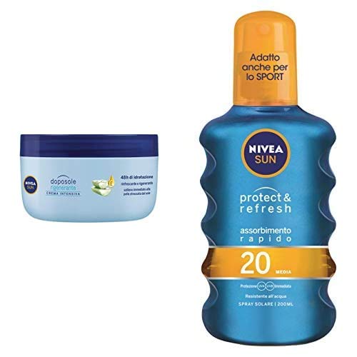 Nivea Sun Protect & Refresh Spray Solare Trasparente FP20, Protezione Media, 200 ml + Nivea Sun Crema Intensiva Doposole Rigenerante con estratto di Loto, 300 ml