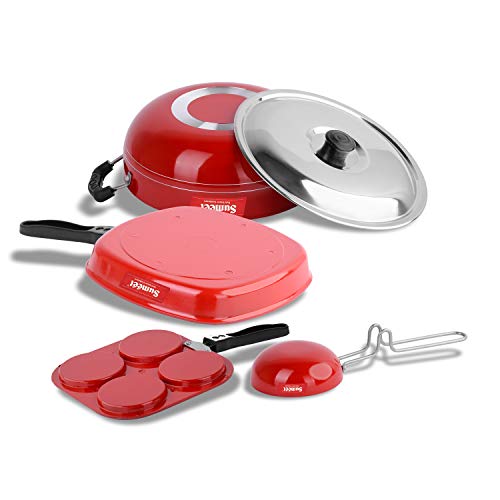 Image of Sumeet 2.6mm Thick Non-Stick Ruz Cookware set (Mini Multi Snack Maker - 19.5cm Dia + Kadhai with Lid - 1.5Ltr capacity- 20cm Dia + Grill Pan - 1.1Ltr Capacity - 22cm Dia + Tadka pan - 10cm Dia)