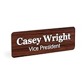 ExcelMark Custom Name Tag - Engraved Name Badge with Pin or Magnetic Backing, 16 Colors, 6 Fonts, and 2 Sizes to Choose from (Walnut w/White Letters, 1'x 3')