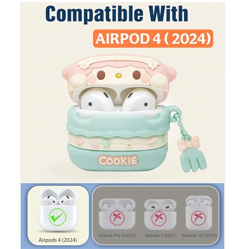 Image of Emoh Roced Case for AirPodS 4 (2024) with Keychain (ANC), Cute Cartoon Shockproof Protective Cover Compatible with Apple AirPods 4th Generation 2024 for Women and Boys (Cookie)