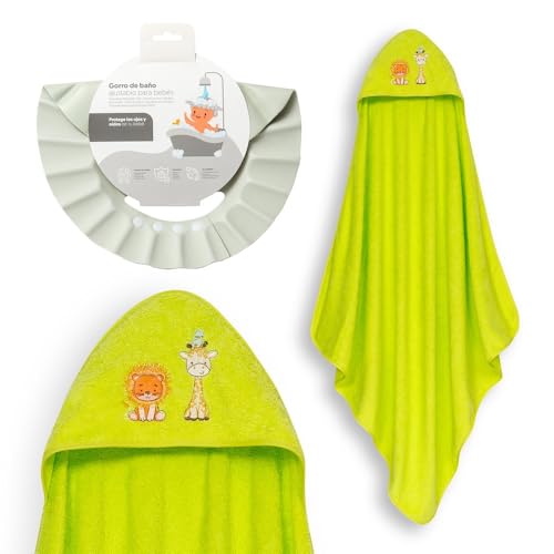 Interbaby - Capa de Baño Bebé + Gorro Ajustable | Toalla con Capucha 100% Algodón, Unisex | Suave, Secado Rápido | Ideal para Recién Nacidos, Bebes y Niños Pequeños | Diseño León Jirafa Pajarito
