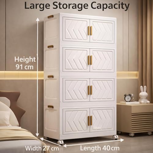 Image of 4-Tier Plastic Wardrobe for Kids Clothes with Wheels | Multipurpose Collapsible Wardrobe Storage Almirah Wardrobe for Clothes, Kitchen Cupboard | Plastic Cupboard for Kids for Home