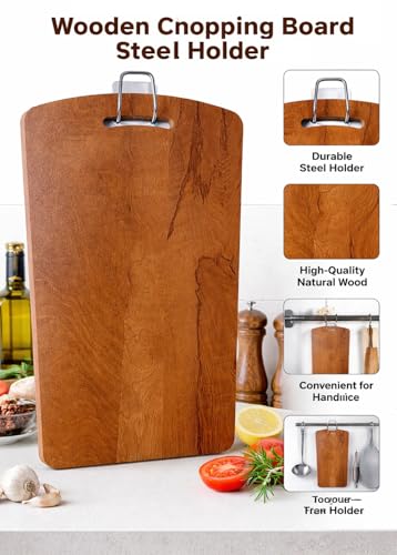 Image of Wooden Chopping Board with Steel Holder for Kitchen (33 X 23 Cm-Durable & Easy to Clean) Premium Solid Wood Cutting Board, Knife Friendly Multipurpose for Vegetable, Meat, Bread & Fruits