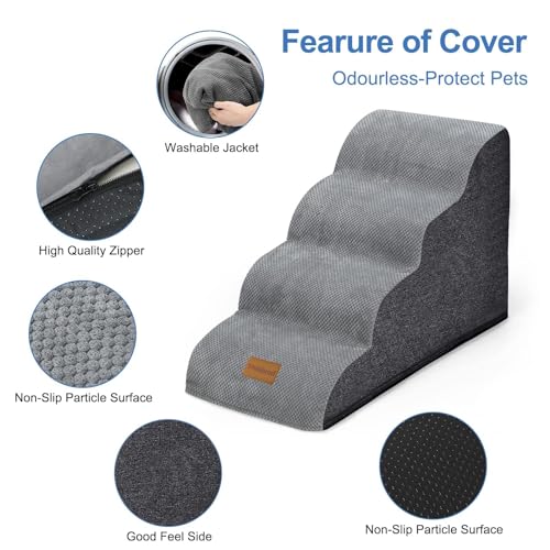 Breiter Hundetreppe 4 Stufen 50cm hoch für Kleine Hunde, Hochdichtem Schaumstoff Haustiertreppe, Waschbarem Bezug und Rutschfestem Boden, 51x72x41cm