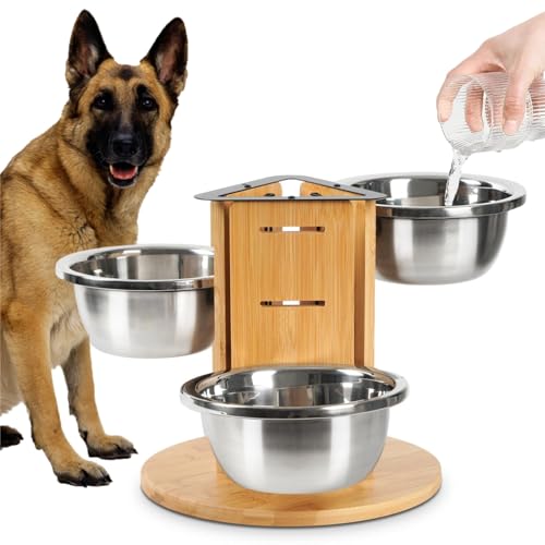 JAZUIHA Hundenapf Erhöht, Futternapf höhenverstellbar für große Hunde, inkl 3X Edelstahlschüssel 1400ml, Futterstation 3-Seitig Hundenapfständer